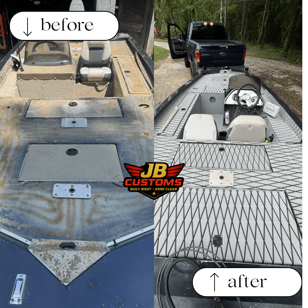 Before and after comparison of a boat deck renovated with new grey diamond-patterned flooring.