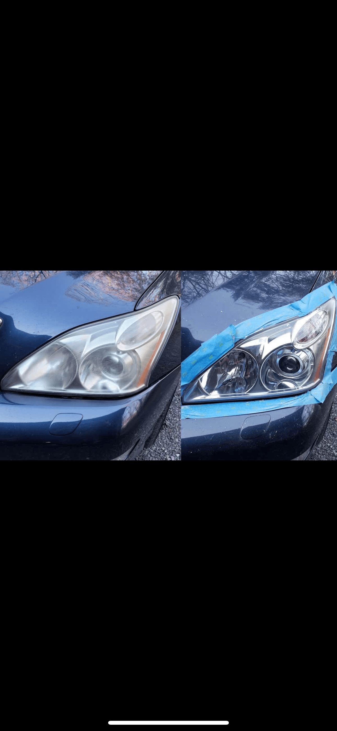 Before and after comparison of a cloudy car headlight restored to a clear finish.